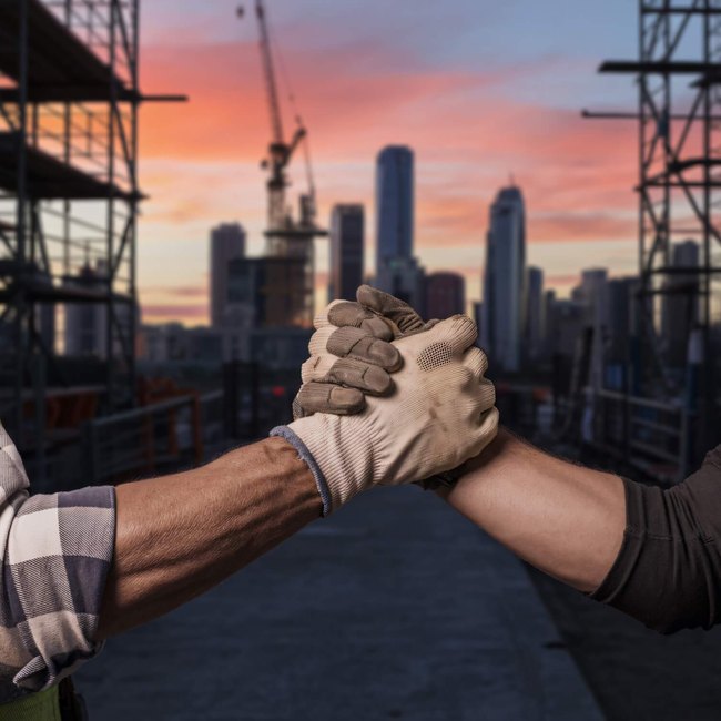 Construction workers clasping hands on a high-rise site at sunset, with tower cranes and the city skyline behind them