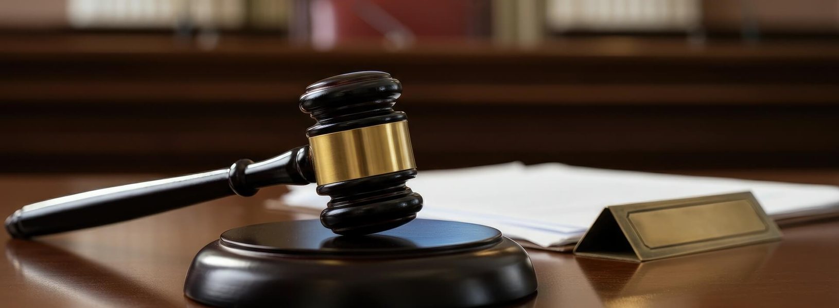 Judge's gavel on a courtroom desk, representing deposition, arbitration and trial testimony