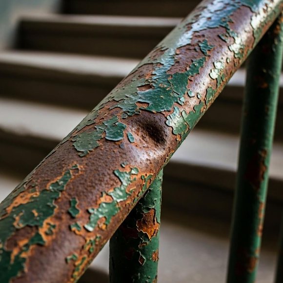 Rusted handrail beside a stair flight, an ADA and building-code concern