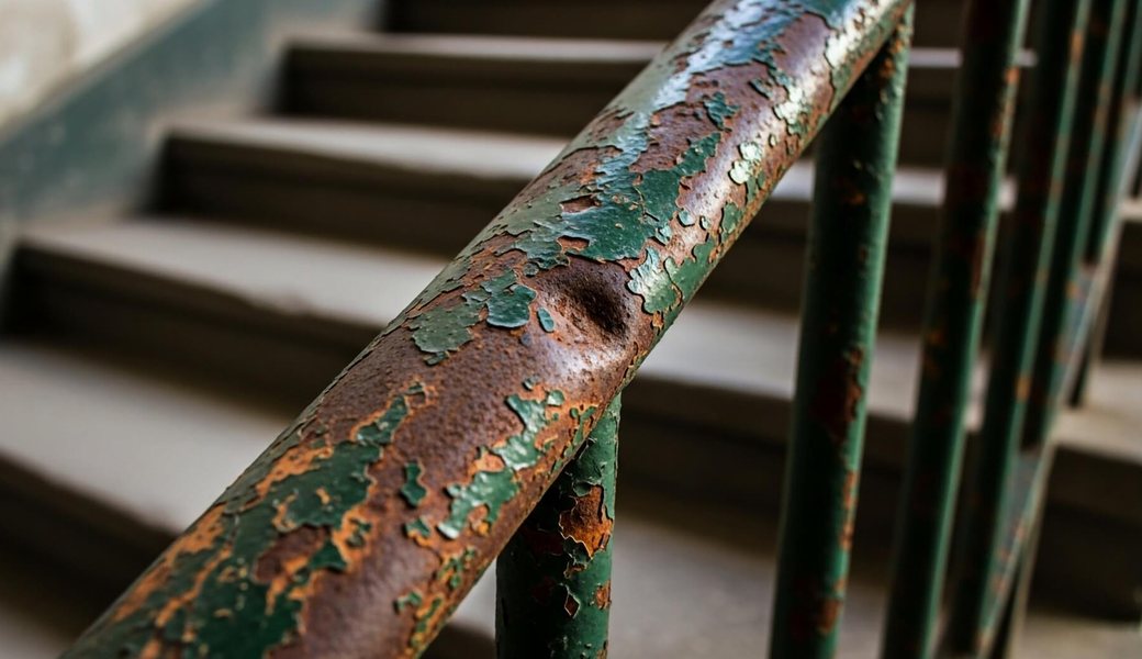 Rusted handrail beside a stair flight, an ADA and building-code concern