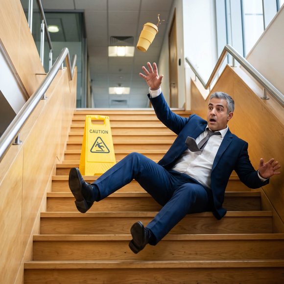 A person slipping on stairs beside a yellow wet floor caution sign