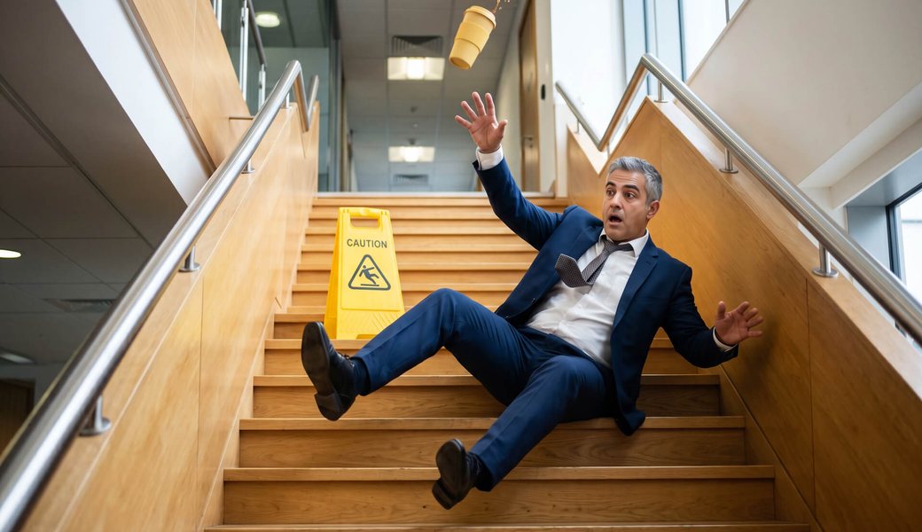 A person slipping on stairs beside a wet floor caution sign