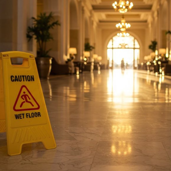 Wet floor caution sign on a polished lobby floor