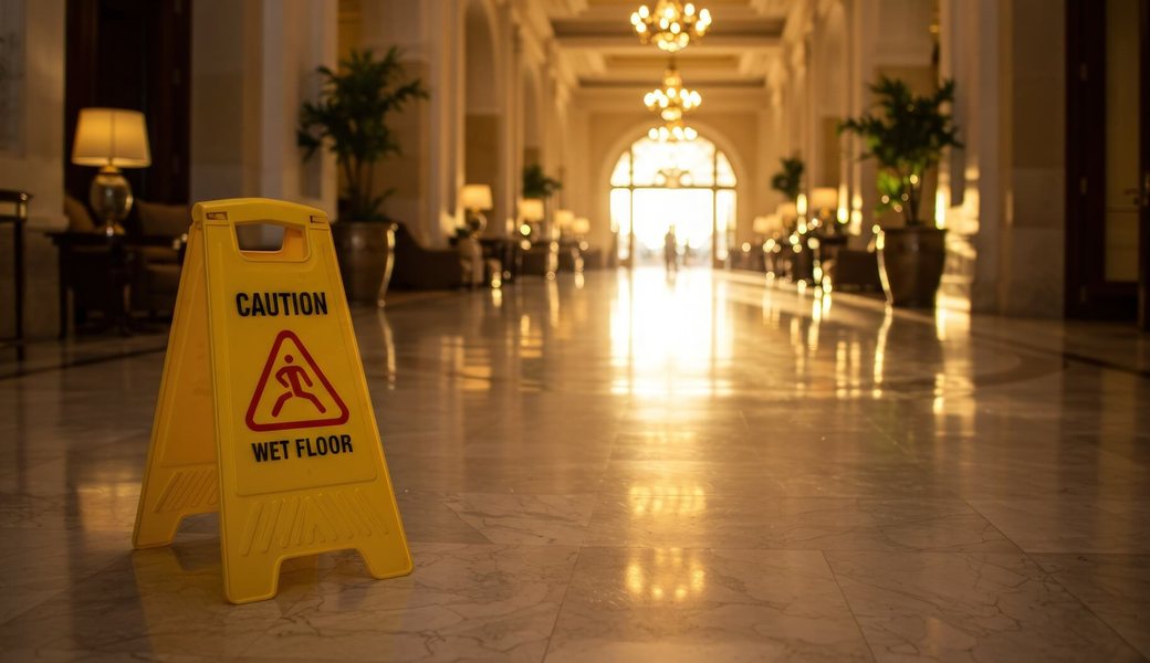 Wet floor caution sign in a marble lobby corridor